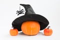 Bright orange pumpkin for Halloween. The pumpkin is decorated with a black hat. The witch's hat is worn over a pumpkin Royalty Free Stock Photo