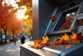 Autumn leaves on a windowsill with a blurred park scene in the background during Royalty Free Stock Photo