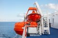 Bright orange rescue boats on a deck of a ferry to save lives Royalty Free Stock Photo