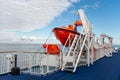 Bright orange rescue boats on a deck of a ferry to save lives Royalty Free Stock Photo