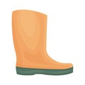 A bright orange rubber boot with a green sole. A shoe for walking in cold weather. Shoes for protection from dampness