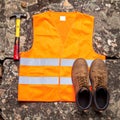 Bright Orange Safety Vest Boots and Hammer on Stone Surface For Construction Royalty Free Stock Photo