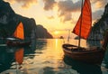 Scenic sunset over calm waters with two sailboats and towering cliffs in the Royalty Free Stock Photo