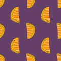 Bright orange slices seamless pattern. Abstract doodle fruit silhouettes on purple background Royalty Free Stock Photo