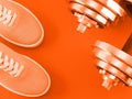 Bright orange sneakers on orange background with dumbbells.