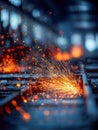 Bright orange sparks flying from welding or metal grinding process creating dynamic glowing particles in an industrial workshop Royalty Free Stock Photo