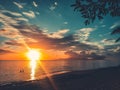 Bright orange sun sunset over sea coast sand beach Royalty Free Stock Photo