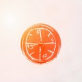 Bright orange sunny watch sign on the light wall background. Wrong time concept. Copy space
