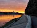 Bright Orange Sunset on Angara River Embankment in Irkutsk City