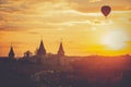 Bright orange sunset Kamianets-Podilskyi castle. Royalty Free Stock Photo