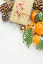 Bright orange tangerines on branches with green leaves gift box in craft paper candy cane pine cones in snow. Christmas New Year