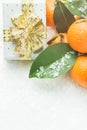 Bright orange tangerines on branches with green leaves gift box in silver paper golden ribbon with bow snow. Christmas New Year Royalty Free Stock Photo