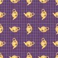 Bright Orange Teapots Seamless Doodle Pattern. Purple Background With Check. Kitchen Backdrop