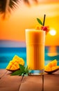 Bright orange thick smoothie with mango and papaya against sea sunset. Drinks with tropical fruits. Vertical