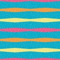 Bright orange, yellow and pink horizontal polygon stripes with random dots . Seamless vector pattern on sky blue