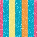 Bright orange, yellow and pink wide vertical stripes with random dots . Seamless vector pattern on sky blue background