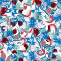 Bright oriental ornament for fabric. Seamless floral pattern. Blue and red colors. Vector endless texture