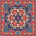 Bright ornamental square carpet with poppies, roses and tulip flowers in ethnic style