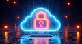 Digital cloud computing security concept with glowing padlock icon and binary code data protection Royalty Free Stock Photo