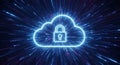 Digital cloud computing security concept with glowing padlock icon and futuristic data streams in blue and purple hues Royalty Free Stock Photo