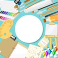 Bright painter tools set vector illustration. Artist supplies watercolor, palette and paint brushes, easel, folder for