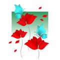 Bright paper-cut style 3d vector card green background. Red flowers, blue butterflies, happy, love, flora, design Royalty Free Stock Photo