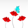 Bright paper-cut style red flowers blue butterfly white background. 3D vector, card, spring, summer, love, flora, mother Royalty Free Stock Photo