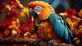 A bright parrot sitting on a branch framed by beautiful colors, in a cultural park with rich veget