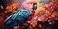 A bright parrot, surrounded by the flowers of the spring clearing, with a light breeze, fluttering