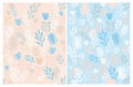 Hand Drawn Cute Floral Vector Patterns Set. Ligh Blue and Salmon Pink Backgrounds. Royalty Free Stock Photo