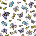 Bright pastel coloured butterflies on a white background seamless repeat pattern