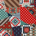 Bright patchwork pattern with abstract geometric prints. Vector