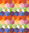 Bright patchwork pattern from colorful patches with geometric ornaments. Seamless vector illustration of quilt. Isometric design