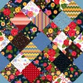 Bright patchwork pattern with colorful tropical flowers. Blanket, rug, pillowcase