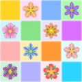 Bright patchwork pattern with different flowers and multi-colored squares. Vector design