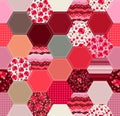 Bright patchwork pattern with red flowers. Seamless design from hexagonal patches for fabric and textile