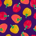 Bright pattern of bell peppers on a purple background in cartoon style for printing and design.Vector illustration. Royalty Free Stock Photo