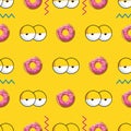 Bright pattern of bitten donuts and eyes in cartoon style for print and decoration. Vector illustration.