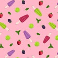 Bright pattern with fruit and Mexican Paletas ice cream on a pink background. Royalty Free Stock Photo