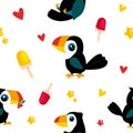 Bright pattern with funny cartoon toucans