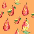 Bright pattern with juicy pears on orange background