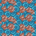 Bright pattern with mess of blue and orange roses Royalty Free Stock Photo
