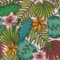 Bright pattern with mess of color tropical leaves Royalty Free Stock Photo