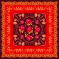 Bright pattern for square carpet, pillowcase or shawl in ethnic style. Floral ornament with red roses, fabulous roosters