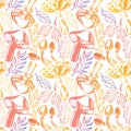 Bright pattern with stylized mushrooms and leaves