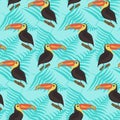 Bright pattern with toucans and leaves on blue