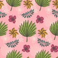 Bright pattern with tropical leaves on light pink Royalty Free Stock Photo