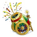 A bright, patterned circus gun on beautiful wheels shoots sweets and colorful confetti. Circus object in the style of a card.