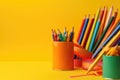 Bright pencils in holder isolated on colorful background. space for text. back to school concept