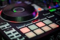 Bright Performance Pads on DJ Controller with jog wheel & song looping section Royalty Free Stock Photo